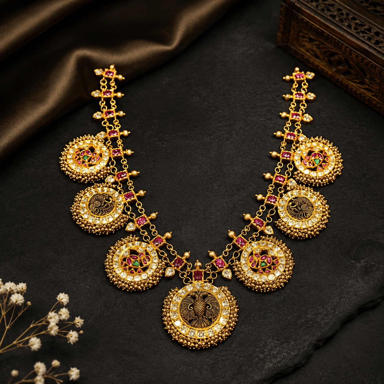 Antique Peacock Medallion Kundan Temple Haar — Siddhivinayak Jewellers